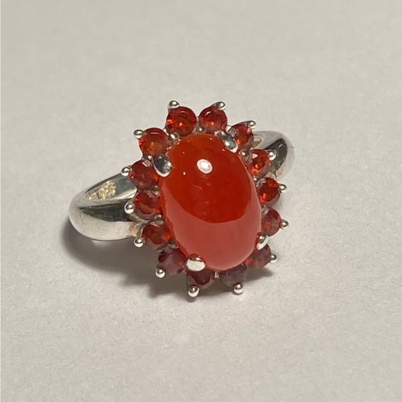 Michelle Albala Carnelian and Red Cubic Zirconia Sterling Silver Halo Ring - Picture 1 of 6